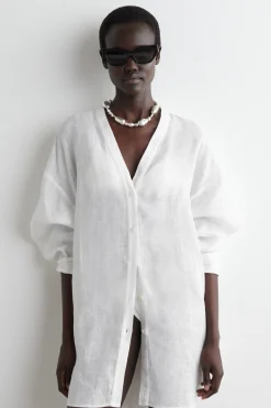 CAMISA DE LINO OVERSIZE CON CUELLO DE PICO*COS Clearance