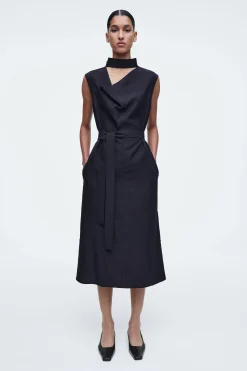 VESTIDO MIDI CON CUELLO DRAPEADO CON ABERTURA*COS Outlet